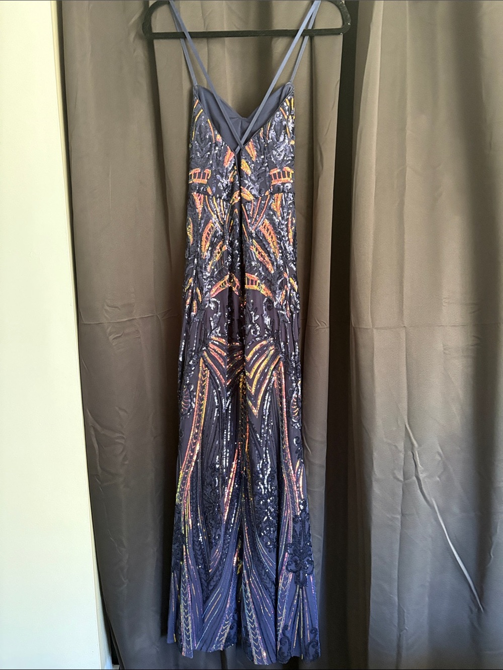 Joules Navy Beaded Spaghetti-Strap Prom Gown with Multicolor Accents